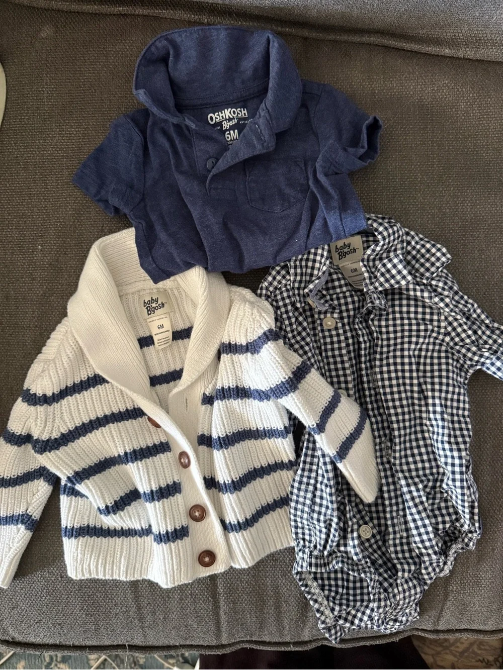 OshKosh B'gosh Navy Polo, Navy-White Striped Cardigan & Navy Gingham Romper Set